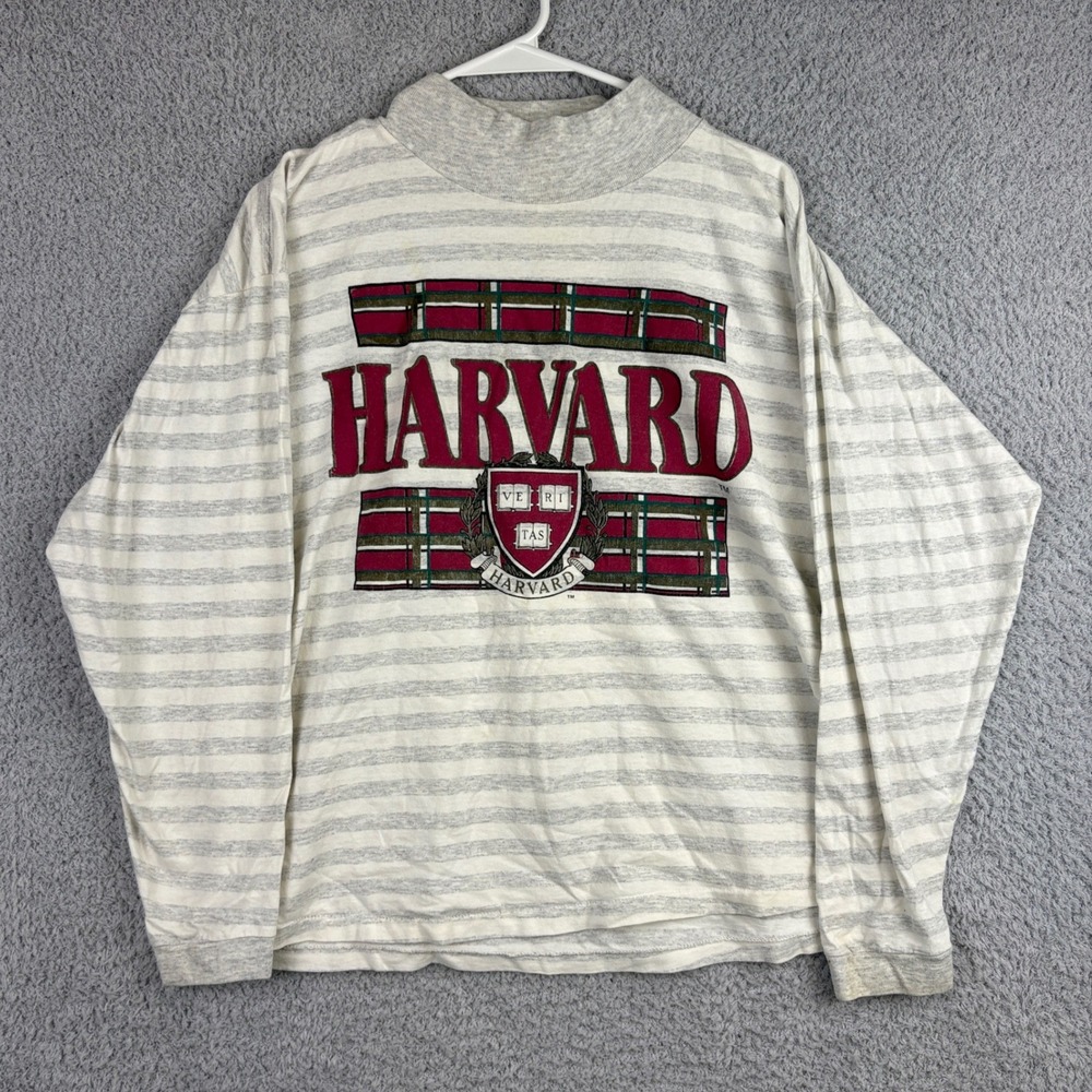Vintage Harvard Shirt Mens XL White Striped Mock Neck Long Sleeve Crest Logo 90s